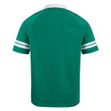 The Ireland 25/26 Heritage Jersey by Canterbury features green short sleeves, a white collar, and two horizontal white stripes on each sleeve—shown from the back as part of Canterbury's Heritage collection.
