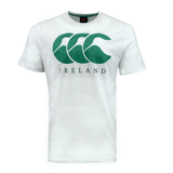 A white T-shirt from Canterbury featuring a green graphic logo with three interlocking 'C' shapes, similar to the Ireland Rugby Logo Tee by Canterbury, and the word "IRELAND" printed below it.