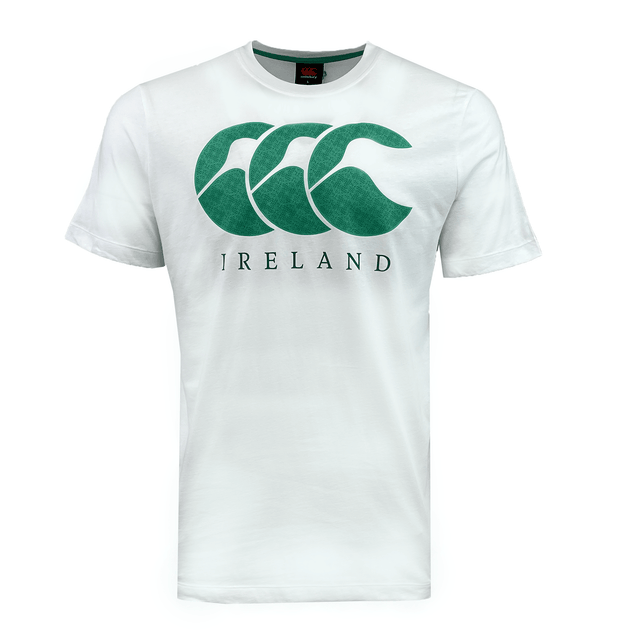 A white T-shirt from Canterbury featuring a green graphic logo with three interlocking 'C' shapes, similar to the Ireland Rugby Logo Tee by Canterbury, and the word "IRELAND" printed below it.