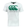 A white T-shirt from Canterbury featuring a green graphic logo with three interlocking 'C' shapes, similar to the Ireland Rugby Logo Tee by Canterbury, and the word "IRELAND" printed below it.
