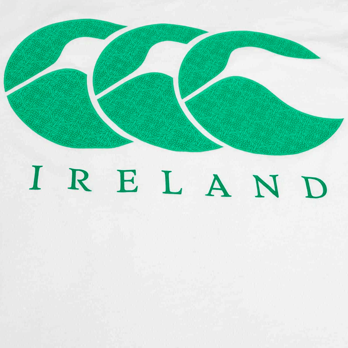 The Ireland Rugby Logo Tee by Canterbury showcases the iconic IRFU logo with three green curved shapes and the text "IRELAND" below it on a white background.