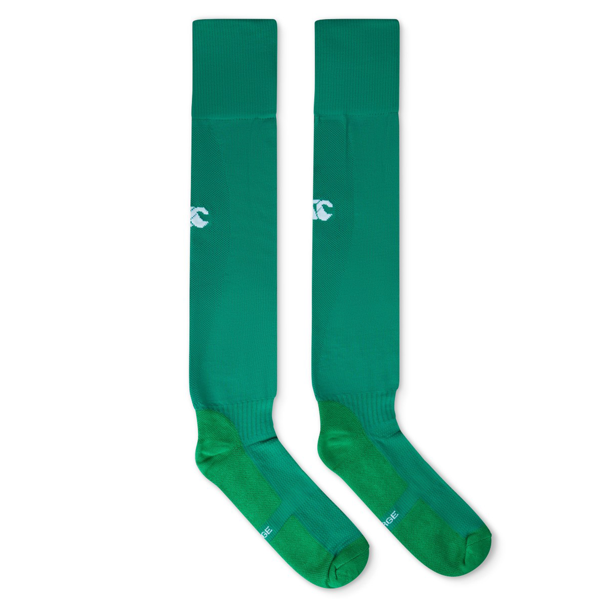A pair of long, green Ireland 25/26 Home Socks by Canterbury with white logo details near the top, laid flat side by side on a white background.