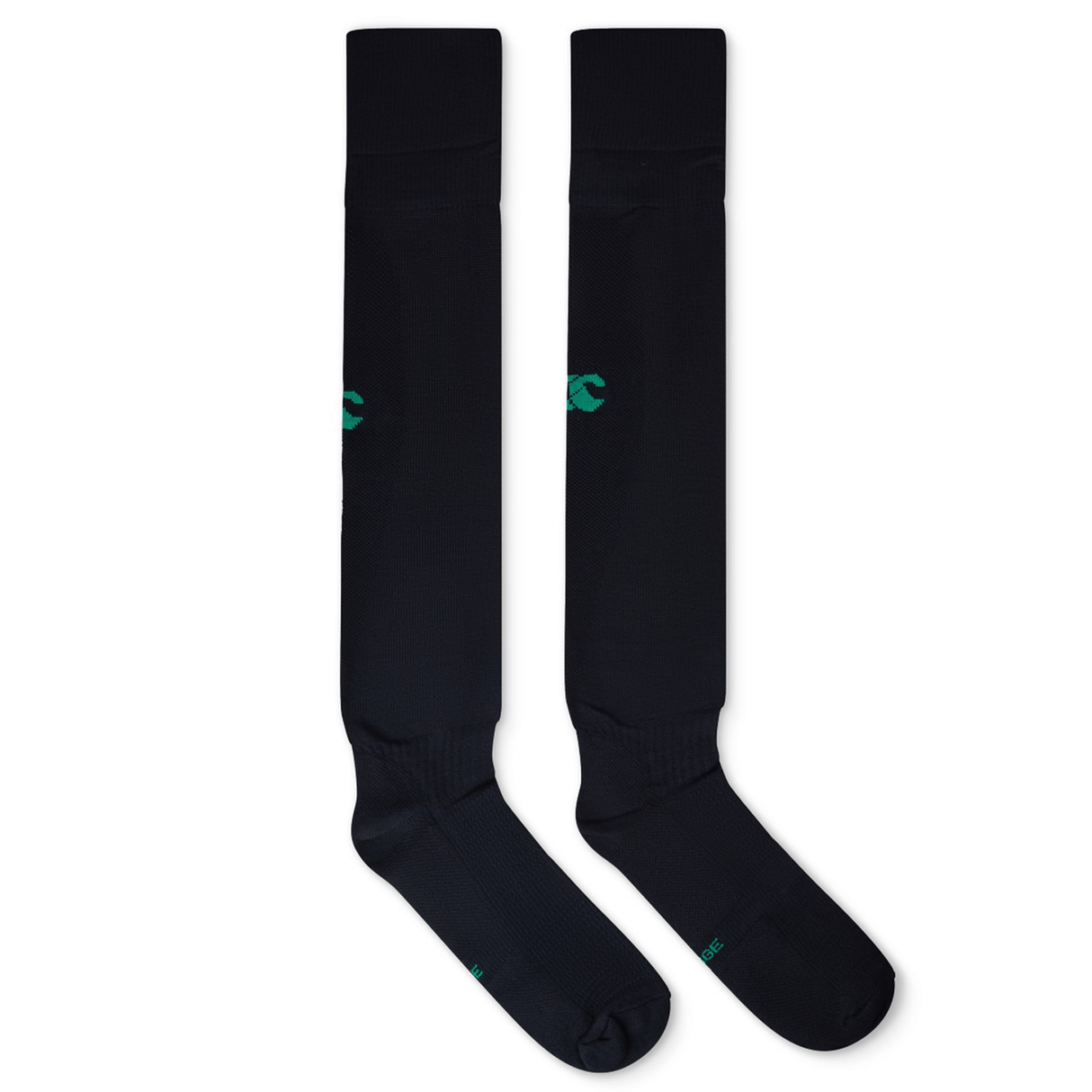 The Ireland 24 Alternate Sock by Canterbury is a pair of black knee-high socks with subtle green details, crafted from fast-drying performance yarn for comfort.