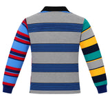 Back view of a Canterbury Uglies Long Sleeve Rugby Jersey featuring a grey striped body and multi-colored striped sleeves.
