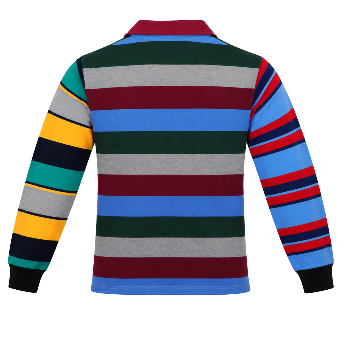 Back view of a Canterbury Uglies Long Sleeve Rugby Jersey featuring asymmetrical, multi-colored horizontal stripes.