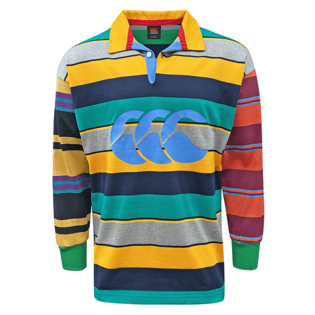 A Canterbury Uglies long sleeve rugby shirt with a colorful striped design.