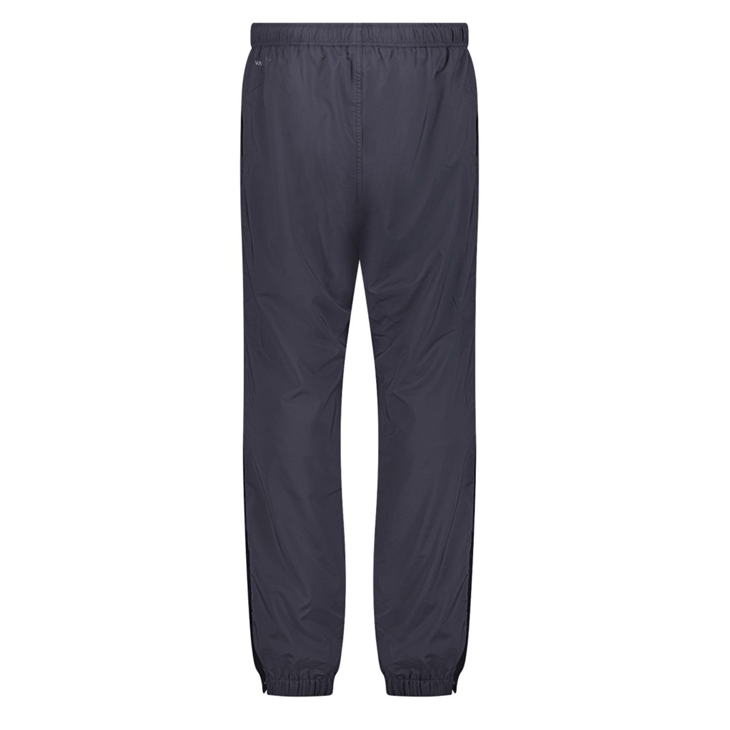The Canterbury Tempo Vaposhield Dome Pant showcases a back view of lightweight navy-blue track pants with an elastic waistband and cuffs, offering optimal comfort and flexibility.