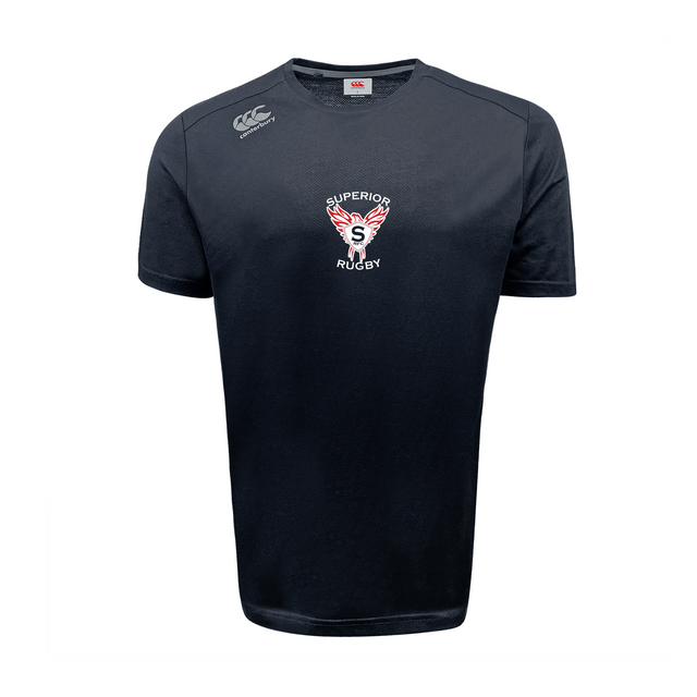 The Superior Rugby Club Tempo Vapodri T-Shirt by WRS Canterbury is a black athletic short-sleeve shirt featuring a "Superior Rugby" chest logo and CCC Canterbury logo, inspired by the Vapodri Tee for top performance.