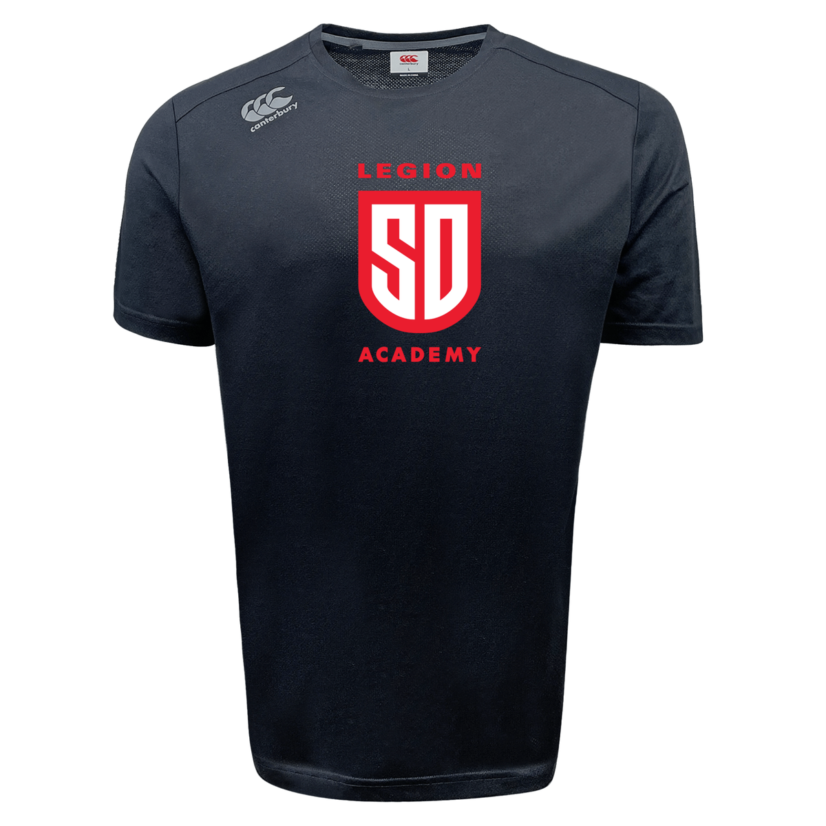 Black short-sleeved Legion Academy Tempo Vapodri T-Shirt by Canterbury with a red “LEGION SD ACADEMY” logo on the chest.