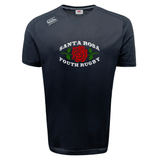 Introducing the Santa Rosa Youth Rugby Tempo Vapodri T-Shirt by Canterbury—a black athletic performance tee featuring “Santa Rosa Youth Rugby” and a red rose with green leaves printed on the front, along with the iconic Canterbury logo on the shoulder. Crafted by WRS Canterbury, this moisture-wicking sports shirt is designed to keep you cool and comfortable throughout every match.