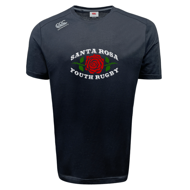 Introducing the Santa Rosa Youth Rugby Tempo Vapodri T-Shirt by Canterbury—a black athletic performance tee featuring “Santa Rosa Youth Rugby” and a red rose with green leaves printed on the front, along with the iconic Canterbury logo on the shoulder. Crafted by WRS Canterbury, this moisture-wicking sports shirt is designed to keep you cool and comfortable throughout every match.