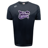 The Valley Panthers Girls Rugby Tempo Vapodri T-Shirt by WRS Canterbury is a black short-sleeve athletic top featuring the “Valley Panthers Girls Rugby” logo and a bold purple panther graphic on the chest. Made with moisture-wicking Vapodri fabric, this sports shirt from Canterbury keeps you comfortable both on and off the field.