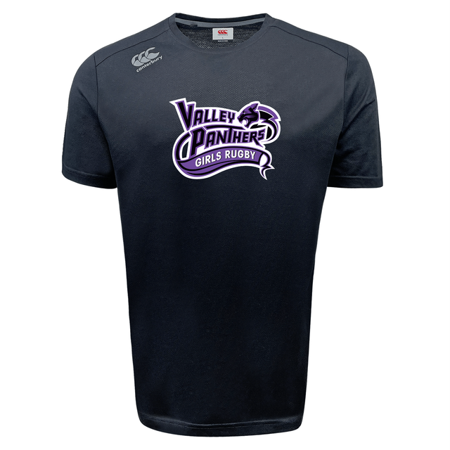 The Valley Panthers Girls Rugby Tempo Vapodri T-Shirt by WRS Canterbury is a black short-sleeve athletic top featuring the “Valley Panthers Girls Rugby” logo and a bold purple panther graphic on the chest. Made with moisture-wicking Vapodri fabric, this sports shirt from Canterbury keeps you comfortable both on and off the field.