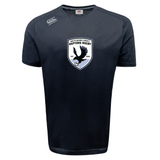 The South Orange County Raptors Tempo Vapodri T-Shirt by Canterbury features a black, short-sleeve design with a bold bird graphic and team logo on the chest in white and gray accents. Made by WRS Canterbury in the signature Vapodri style, this tee offers moisture-wicking properties for improved athletic performance.