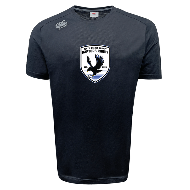 The South Orange County Raptors Tempo Vapodri T-Shirt by Canterbury features a black, short-sleeve design with a bold bird graphic and team logo on the chest in white and gray accents. Made by WRS Canterbury in the signature Vapodri style, this tee offers moisture-wicking properties for improved athletic performance.