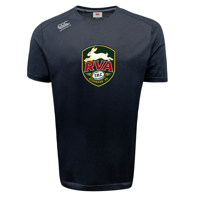 Introducing the RVA T.R.C. Tempo Vapodri T-Shirt by Canterbury: a black short-sleeve athletic tee from WRS Canterbury, featuring a “RVA Richmond, VA” rugby crest with a white rabbit on the front and the Canterbury Vapodri Tee logo on the right shoulder—designed to keep you comfortable during any activity.