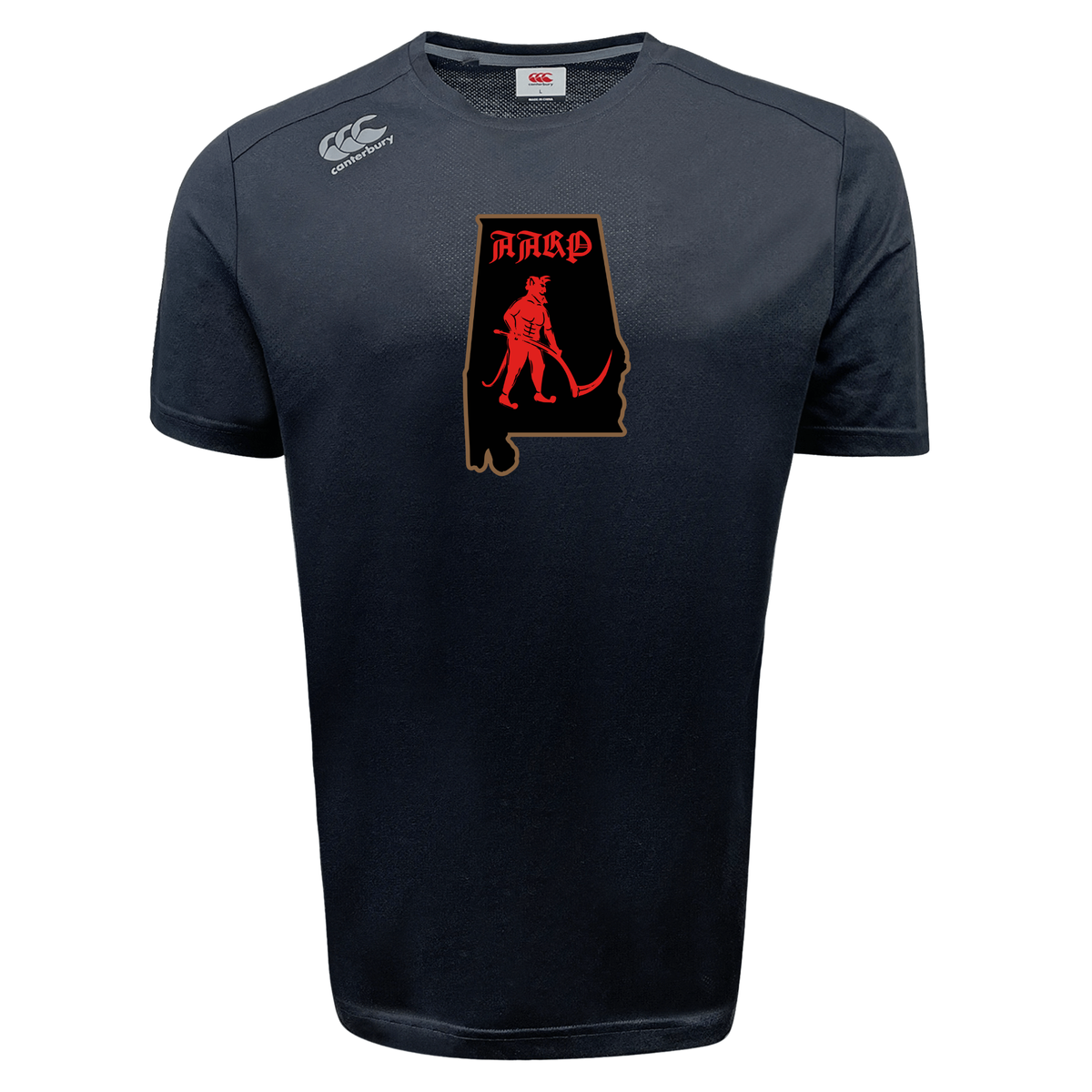 Aging Alabama Rugby Players Tempo Vapodri T-Shirt by Canterbury in dark grey featuring an Alabama state outline graphic with a red devil figure holding a scythe and the word “HARD” written in stylized red text.