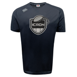Dark navy moisture-wicking ICRON Tempo Vapodri T-Shirt by Canterbury with a rugby ball logo on the chest.