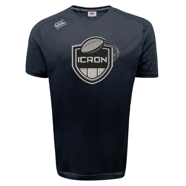 Dark navy moisture-wicking ICRON Tempo Vapodri T-Shirt by Canterbury with a rugby ball logo on the chest.