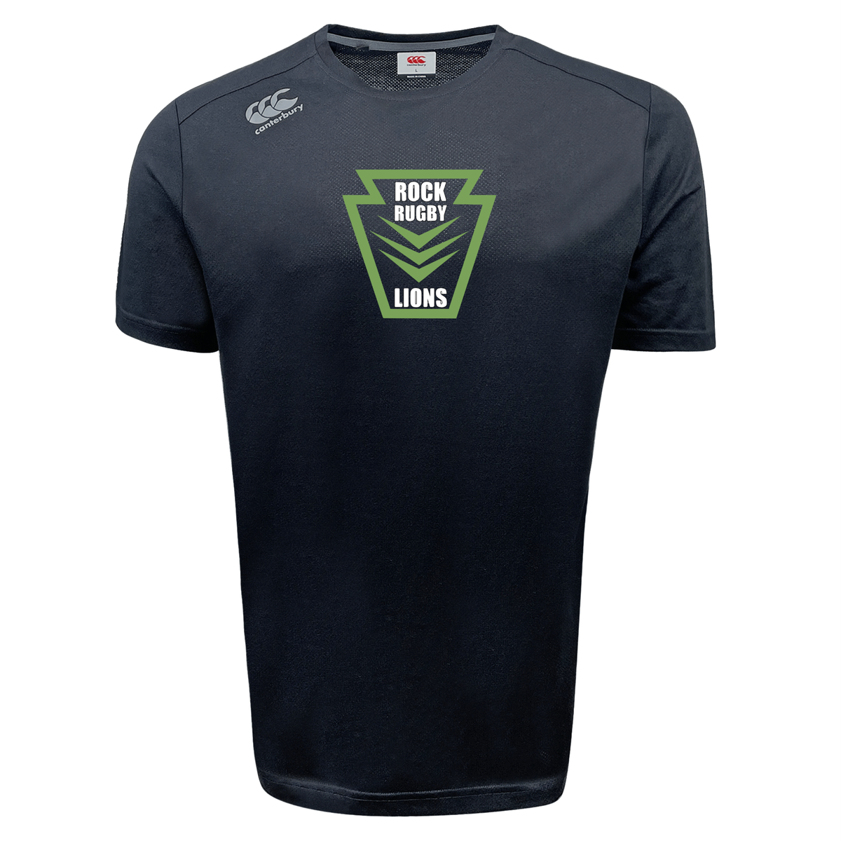 Dark grey Rock Rugby Tempo Vapodri T-Shirt by Canterbury with a green “ROCK RUGBY LIONS” graphic inside a keystone-shaped chest emblem.