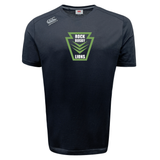 Dark grey Rock Rugby Tempo Vapodri T-Shirt by Canterbury with a green “ROCK RUGBY LIONS” graphic inside a keystone-shaped chest emblem.