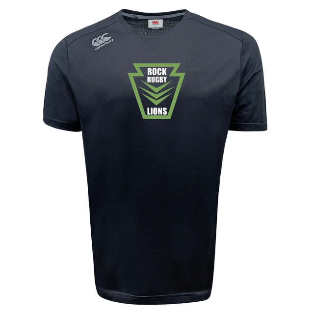 Dark grey Rock Rugby Tempo Vapodri T-Shirt by Canterbury with a green “ROCK RUGBY LIONS” graphic inside a keystone-shaped chest emblem.