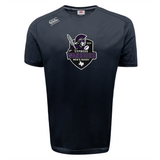 The WRS Canterbury Cypress Warriors Men's Rugby Tempo Vapodri T-Shirt is a black short-sleeve tee featuring a "Cypress Warriors Men's Rugby 2024" logo with a warrior graphic and white Canterbury logo, designed for peak performance.