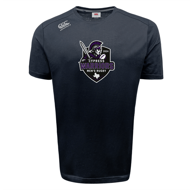 The WRS Canterbury Cypress Warriors Men's Rugby Tempo Vapodri T-Shirt is a black short-sleeve tee featuring a "Cypress Warriors Men's Rugby 2024" logo with a warrior graphic and white Canterbury logo, designed for peak performance.