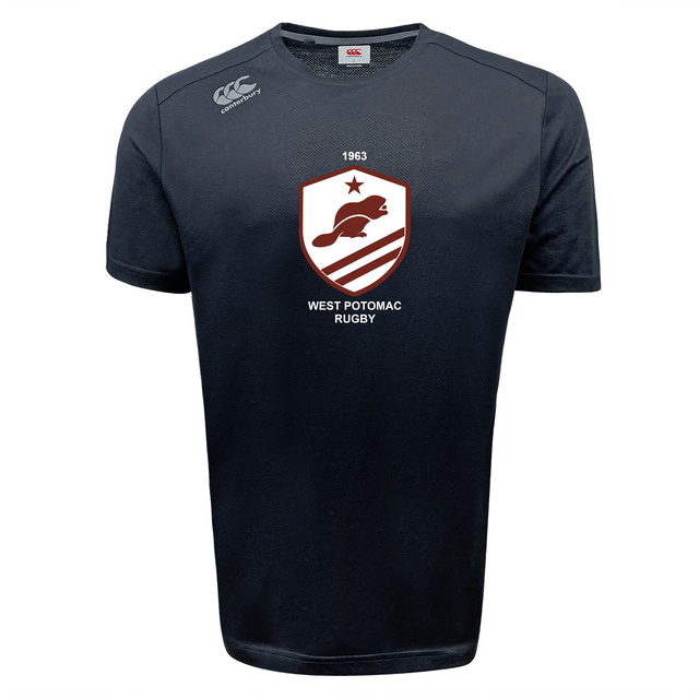 The West Potomac RFC Tempo Vapodri T-Shirt by WRS Canterbury is a black short-sleeve tee featuring a white and maroon "West Potomac Rugby" crest and logo, crafted for athletic performance with moisture-wicking fabric.
