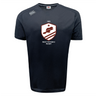 The West Potomac RFC Tempo Vapodri T-Shirt by WRS Canterbury is a black short-sleeve tee featuring a white and maroon "West Potomac Rugby" crest and logo, crafted for athletic performance with moisture-wicking fabric.
