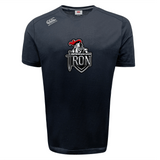 The Birmingham Iron Women’s Football Tempo Vapodri T-Shirt by WRS Canterbury features a moisture-wicking black short-sleeve design and the team logo with knight's helmet and sword on the front. Brand logos are displayed on the shoulders.