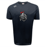 The Birmingham Iron Women’s Football Tempo Vapodri T-Shirt by WRS Canterbury features a moisture-wicking black short-sleeve design and the team logo with knight's helmet and sword on the front. Brand logos are displayed on the shoulders.