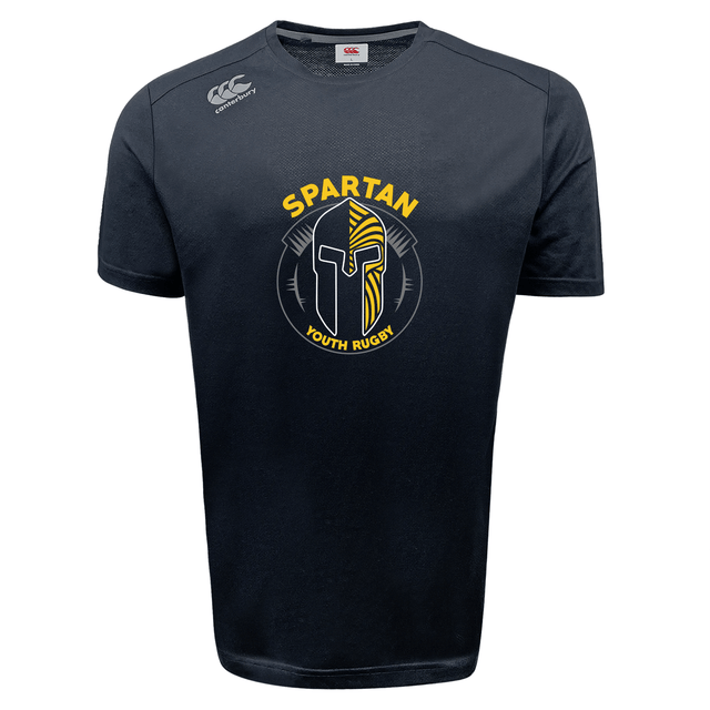 The Spartan Youth Rugby Tempo Vapodri T-Shirt by WRS Canterbury features a Spartan helmet and "SPARTAN YOUTH RUGBY" on the front, with moisture-wicking fabric to keep you cool and comfortable on and off the field.