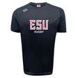 The East Stroudsburg University Tempo Vapodri T-Shirt by WRS Canterbury is a black athletic tee with "ESU RUGBY" in red and white on the chest, plus a Canterbury logo on the right shoulder. Its Vapodri tech keeps you dry and comfortable during intense matches.