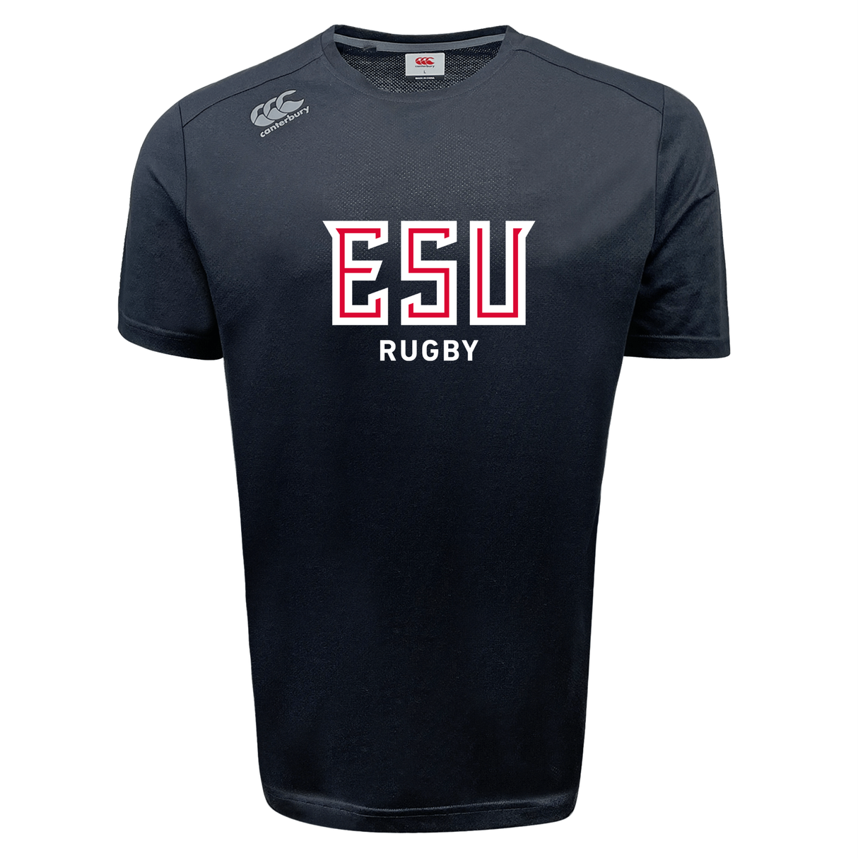 The East Stroudsburg University Tempo Vapodri T-Shirt by WRS Canterbury is a black athletic tee with "ESU RUGBY" in red and white on the chest, plus a Canterbury logo on the right shoulder. Its Vapodri tech keeps you dry and comfortable during intense matches.