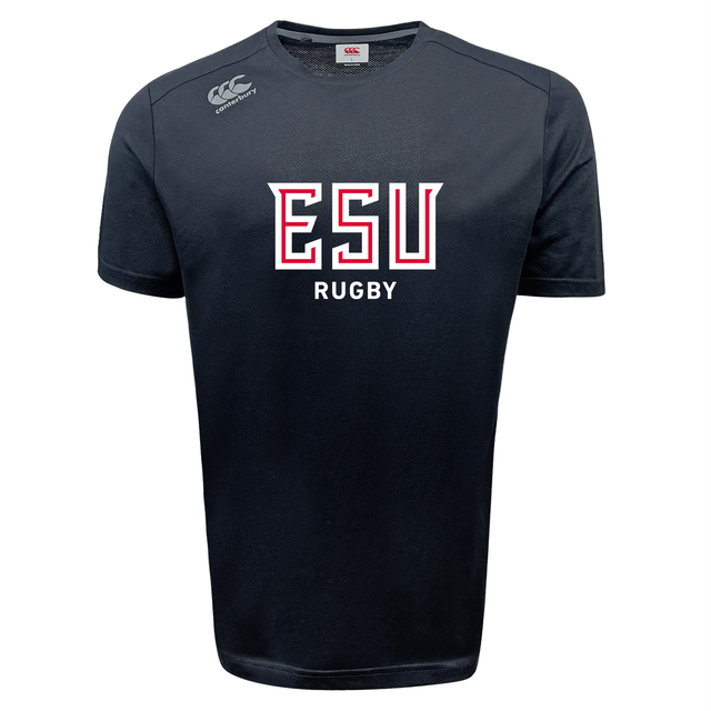 The East Stroudsburg University Tempo Vapodri T-Shirt by WRS Canterbury is a black athletic tee with "ESU RUGBY" in red and white on the chest, plus a Canterbury logo on the right shoulder. Its Vapodri tech keeps you dry and comfortable during intense matches.