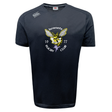 The Hornets Rugby Club 1977 Tempo Vapodri T-Shirt by Canterbury, from WRS Canterbury, is a black short-sleeved athletic tee featuring "hornets rugby club 1977" and a yellow hornet logo on the front. Designed with moisture-wicking Vapodri fabric, this shirt helps keep you cool and dry during performance on the field.