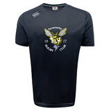 The Hornets Rugby Club 1977 Tempo Vapodri T-Shirt by Canterbury, from WRS Canterbury, is a black short-sleeved athletic tee featuring "hornets rugby club 1977" and a yellow hornet logo on the front. Designed with moisture-wicking Vapodri fabric, this shirt helps keep you cool and dry during performance on the field.