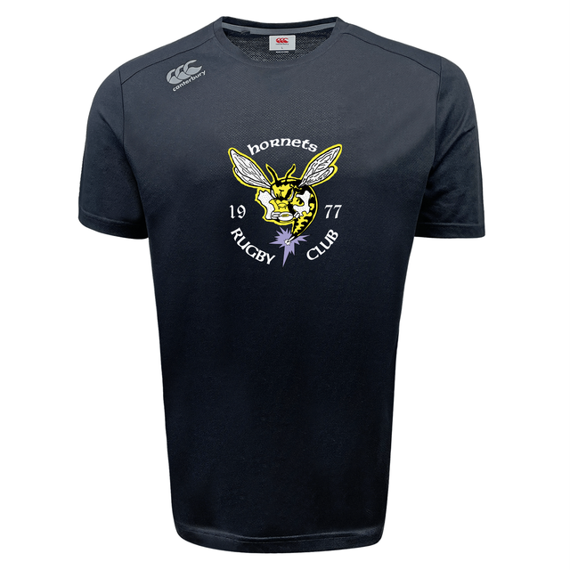 The Hornets Rugby Club 1977 Tempo Vapodri T-Shirt by Canterbury, from WRS Canterbury, is a black short-sleeved athletic tee featuring "hornets rugby club 1977" and a yellow hornet logo on the front. Designed with moisture-wicking Vapodri fabric, this shirt helps keep you cool and dry during performance on the field.