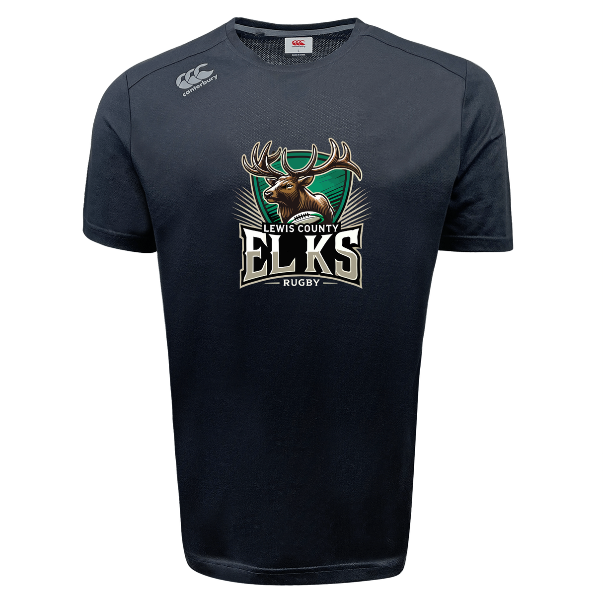 Introducing the Lewis County Elks Tempo Vapodri T-Shirt by Canterbury from WRS Canterbury. This navy blue athletic shirt features the distinctive Lewis County Elks logo with a stag against a green background on the front. Crafted in the classic Canterbury style for a comfortable fit, this moisture-wicking sports tee is ideal for active days as well as casual wear.