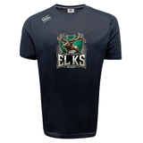 Introducing the Lewis County Elks Tempo Vapodri T-Shirt by Canterbury from WRS Canterbury. This navy blue athletic shirt features the distinctive Lewis County Elks logo with a stag against a green background on the front. Crafted in the classic Canterbury style for a comfortable fit, this moisture-wicking sports tee is ideal for active days as well as casual wear.