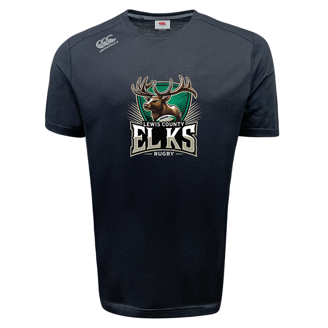 Introducing the Lewis County Elks Tempo Vapodri T-Shirt by Canterbury from WRS Canterbury. This navy blue athletic shirt features the distinctive Lewis County Elks logo with a stag against a green background on the front. Crafted in the classic Canterbury style for a comfortable fit, this moisture-wicking sports tee is ideal for active days as well as casual wear.