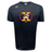 The Potomac Exiles Rugby Club Tempo Vapodri T-Shirt by Canterbury, from WRS Canterbury, is a navy blue sports tee featuring a large "X" on the front with Maryland and D.C. flag designs, laurel graphics, and "2014" text underneath. This Vapodri t-shirt includes moisture wicking technology to help keep you cool and comfortable all day.