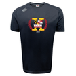 The Potomac Exiles Rugby Club Tempo Vapodri T-Shirt by Canterbury, from WRS Canterbury, is a navy blue sports tee featuring a large "X" on the front with Maryland and D.C. flag designs, laurel graphics, and "2014" text underneath. This Vapodri t-shirt includes moisture wicking technology to help keep you cool and comfortable all day.
