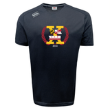 The Potomac Exiles Rugby Club Tempo Vapodri T-Shirt by Canterbury, from WRS Canterbury, is a navy blue sports tee featuring a large "X" on the front with Maryland and D.C. flag designs, laurel graphics, and "2014" text underneath. This Vapodri t-shirt includes moisture wicking technology to help keep you cool and comfortable all day.