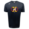 The Potomac Exiles Rugby Club Tempo Vapodri T-Shirt by Canterbury, from WRS Canterbury, is a navy blue sports tee featuring a large "X" on the front with Maryland and D.C. flag designs, laurel graphics, and "2014" text underneath. This Vapodri t-shirt includes moisture wicking technology to help keep you cool and comfortable all day.