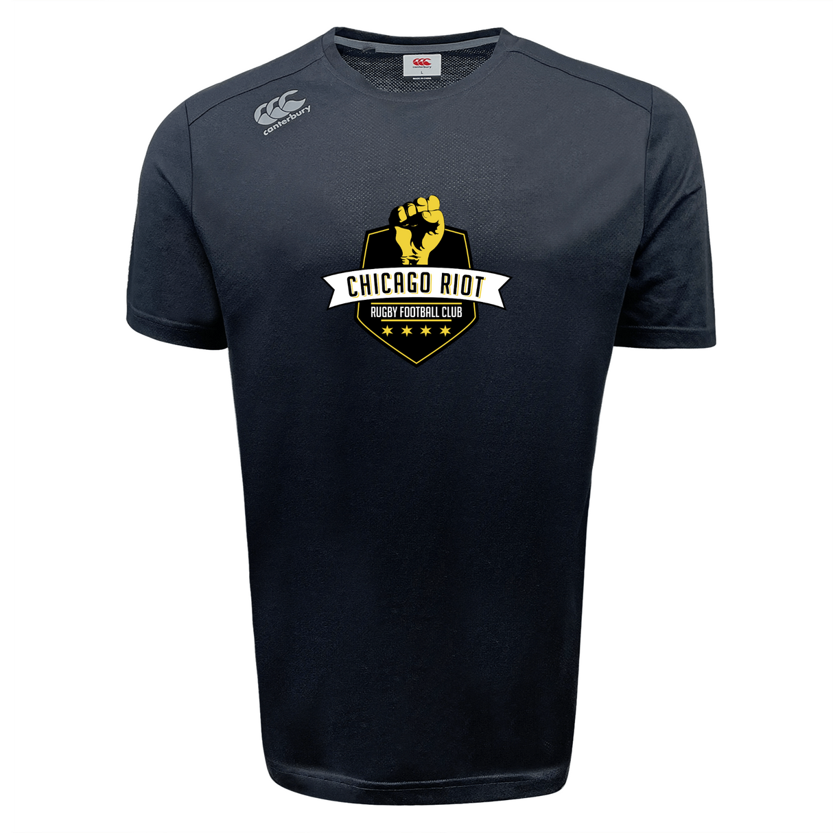 Stay cool on and off the field in the Chicago Riot Tempo Vapodri T-Shirt by WRS Canterbury, a black short-sleeve tee with gold fist and club logo on the chest plus a white Canterbury logo on the shoulder. Moisture-wicking for maximum comfort.
