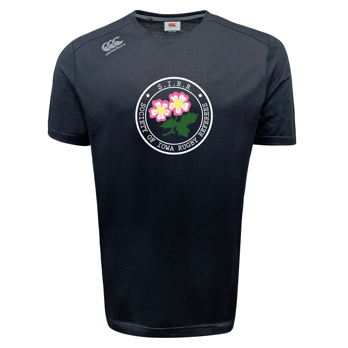 The Society of Iowa Rugby Referees Tempo Vapodri T-Shirt by Canterbury, from WRS Canterbury, features a navy blue design with the “S.T.R.R. of Iowa Rugby Referees” logo—including two pink flowers and green leaves—on the chest, and is crafted as an athletic performance shirt that delivers both style and comfort on and off the field.