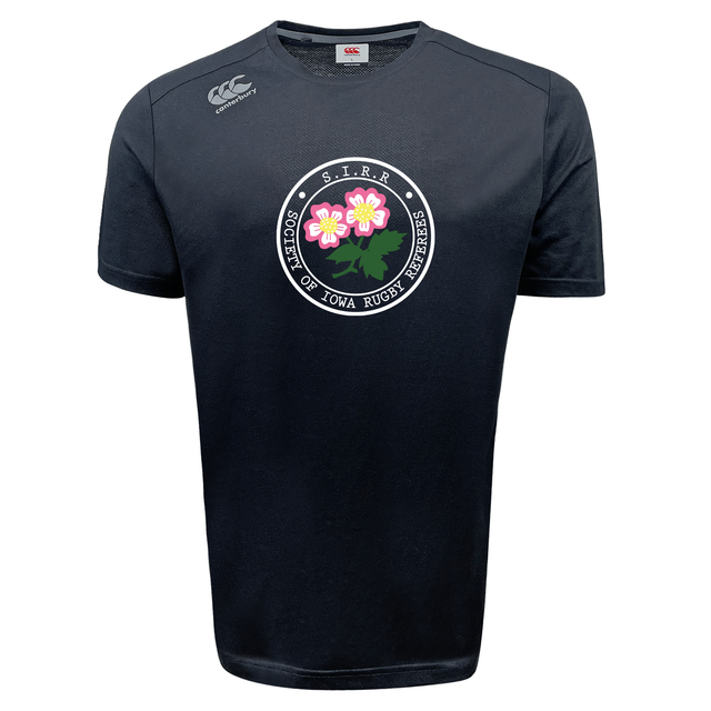 The Society of Iowa Rugby Referees Tempo Vapodri T-Shirt by Canterbury, from WRS Canterbury, features a navy blue design with the “S.T.R.R. of Iowa Rugby Referees” logo—including two pink flowers and green leaves—on the chest, and is crafted as an athletic performance shirt that delivers both style and comfort on and off the field.