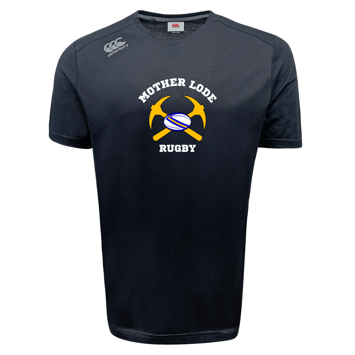 Black moisture-wicking Mother Lode Tempo Vapodri T-Shirt by Canterbury featuring a “Mother Lode Rugby” graphic with crossed pickaxes and a rugby ball.